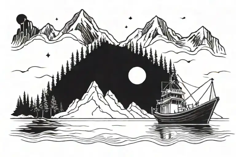 Fishing Boat On A Lake With Mountains And Night Sky