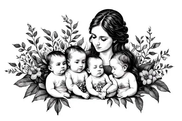 Mother In The Background And 3 Baby's In Front