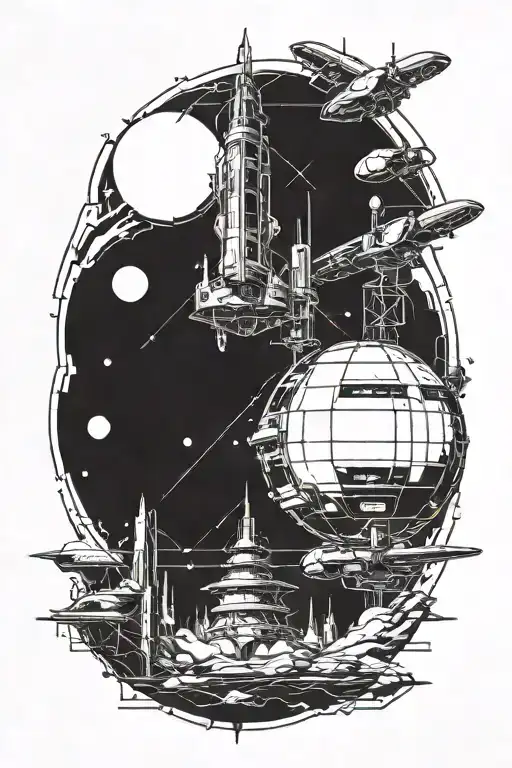 Cyber Sigilism Background With Fine Line Space Station In The Foreground