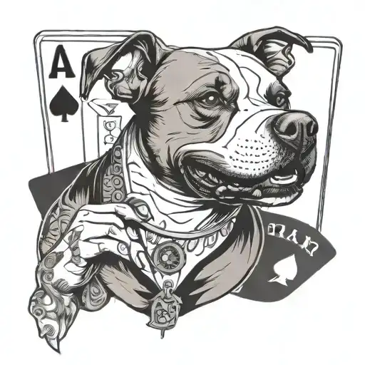 A Steam Punk Inspired Pit Bull With A Pin Up Girl Holding Playing Cards In A Blackwork Style