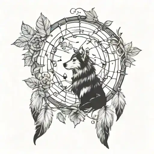 Dreamcatcher With Wolf With Autumn Leaves And Moon Side By Wolf Face