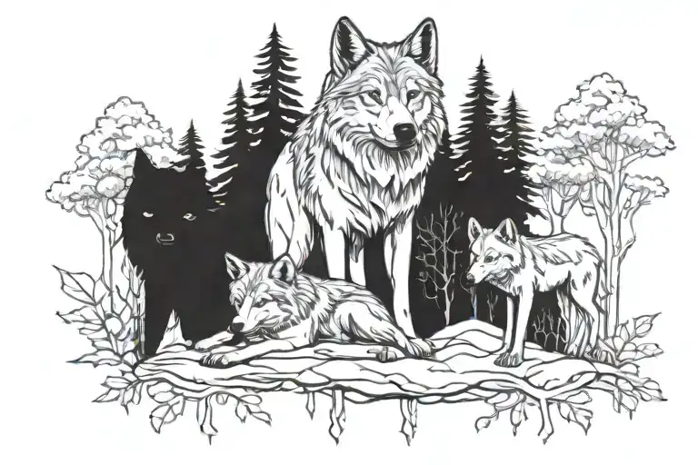 2 Wolfes And One Baby Wolf Surrounded By Forest Tattoo