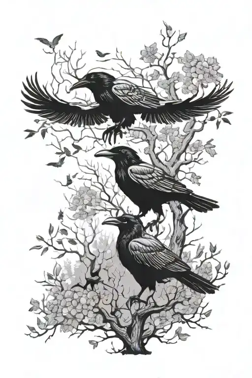 A Tattoo For A Sleeve With A Black Crow And A White Crow Fighting On A Forest Background With A