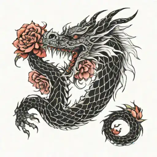 Dragon With Red Flowers