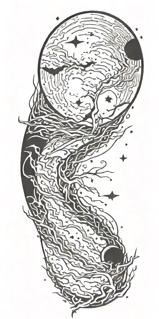 Realistic Moon And Night Sky With Lightning Bolts