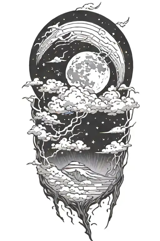 Realistic Moon And Night Sky With Lightning Bolts And Thunderstorm