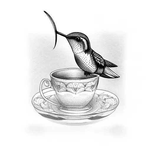 Hummingbird Sitting On A Floral Teacup
