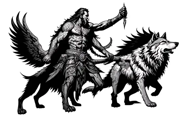 Warrior With Two Wolves Fight Against Heaven And Hell