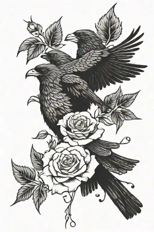 Rose And Black Raven Flying