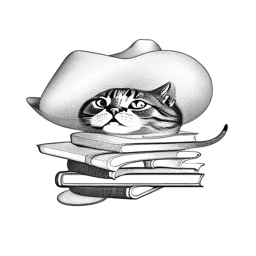 A Blackwork Tattoo Of A Cat Wearing A Cowboy Hat Sitting On A Pile Of Books