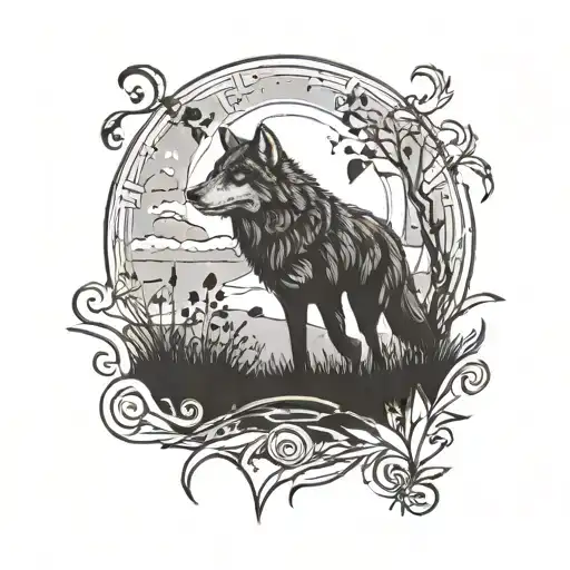 A Serene Scene Of A Wolf Running Through A Field Of Pagan Symbols Under A Full Moon