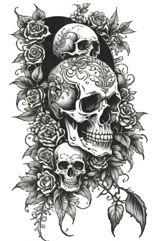 Skull In Covin With Moon And Flowers With A Tarot Card Border