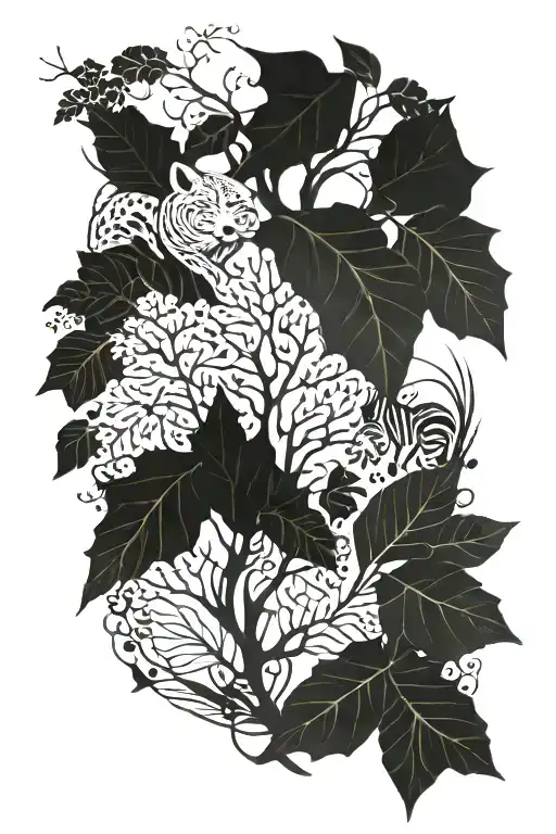 Tree Leaves And Exotic Animals Hidden Within