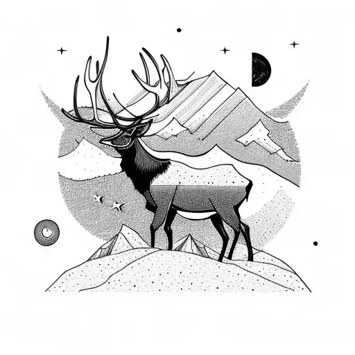 A Majestic Elk Standing Atop A Mountain Peak Surrounded By A Starry Night Sky