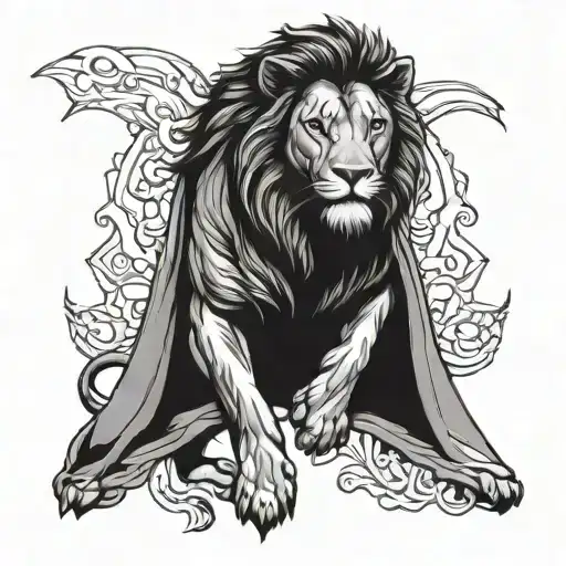 A Blackwork Tattoo Of A Majestic Lion In A Superhero Cape Inspired By Marvel Heroes