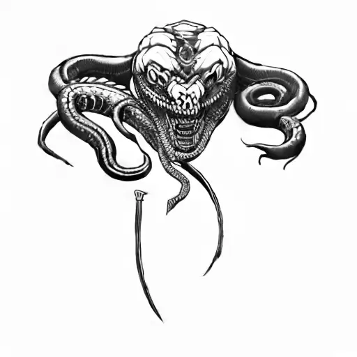 Male Figure With Knife In Hand Fighting Snake