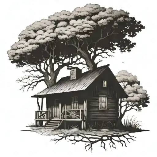 Big Oak Tree With Wooden Cabin In Front