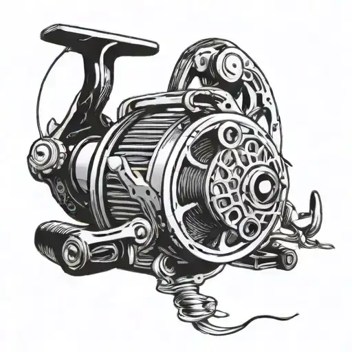 An Intricate Blackwork Tattoo Of A Fishing Reel With A Line Extending Into The Water