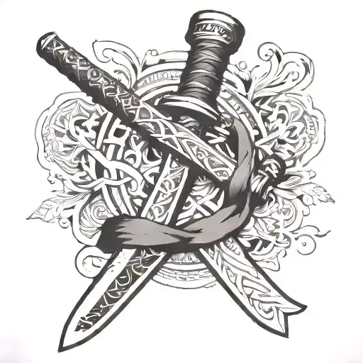 A Stylized Samurai Sword With Jiu Jitsu Belt Wrapped Around The Handle