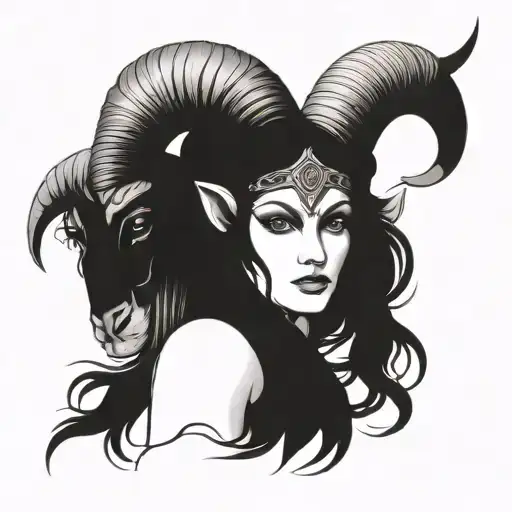Frontview Of A Beautiful Goddess With Long Black Hair And Aries Ram On Her Head