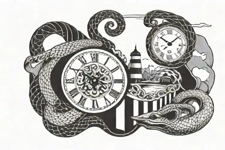 Movie Set Thing With Clock That Has Lines As The Snake And Waves And The Sky Saying One Of One