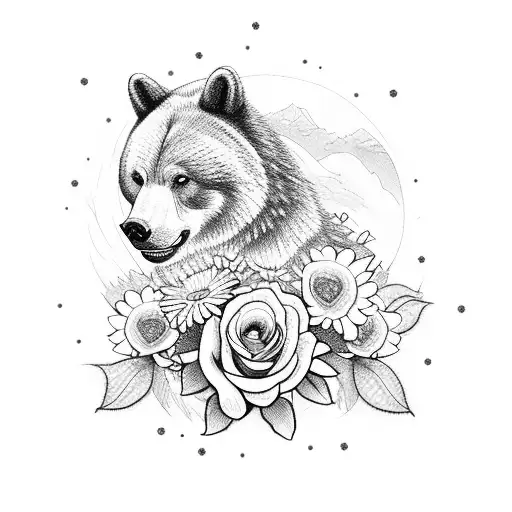 Bear And A Wolf Surrounded By Daisies And Roses