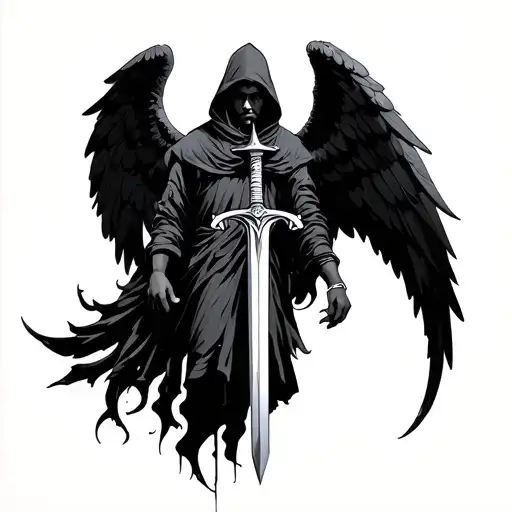 Angel Negro Hooded With Very Elongated Wings Embeding A Sword Down