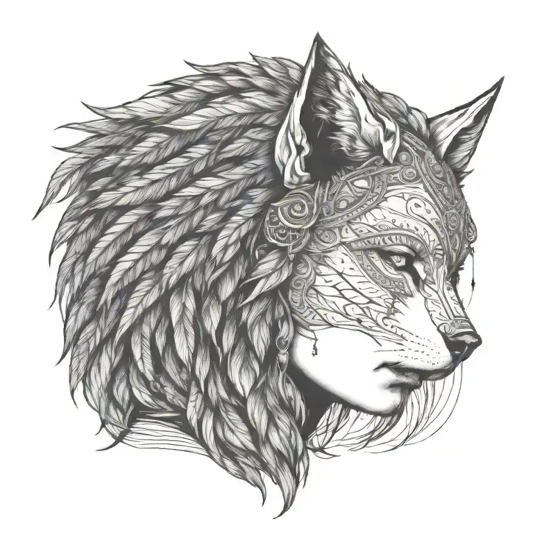 Profile View Of Fierce Human Female Warrior Wearing Stoic Wolf Headdress