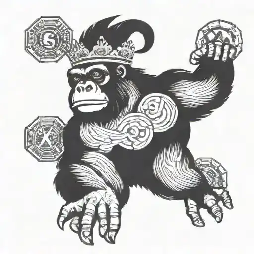 A Gorilla Wearing A Crown Surrounded By Money Symbols And A Phoenix Rising In The Background