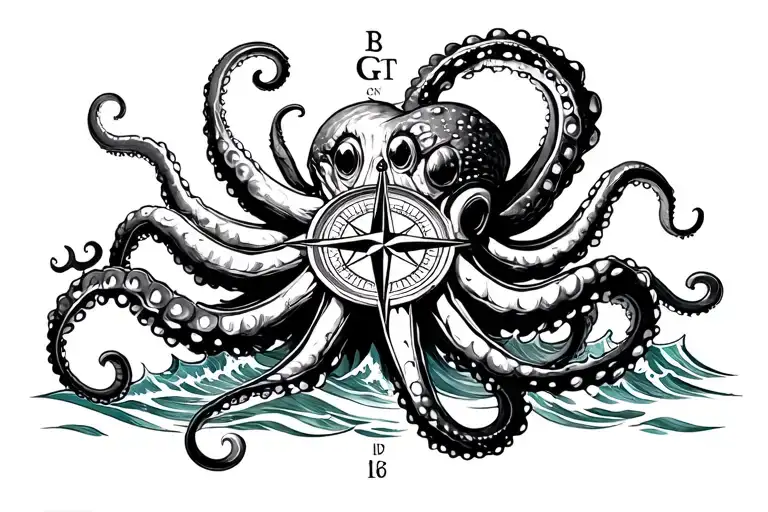 Mean Kracken Octopus In Ocean With Nautical Compass In Middle With Waves