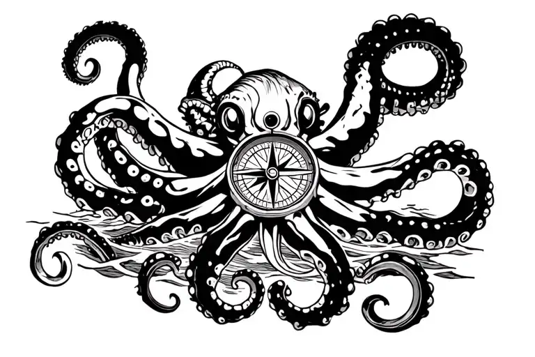 Mean Kracken Octopus In Ocean With Nautical Compass In Middle With Waves