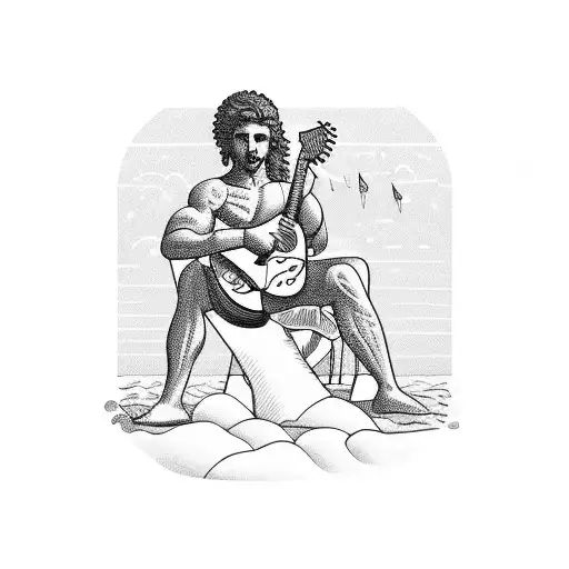 A Blackwork Tattoo Of The Greek God Apollo Playing A Guitar On A Beach With Palm Trees