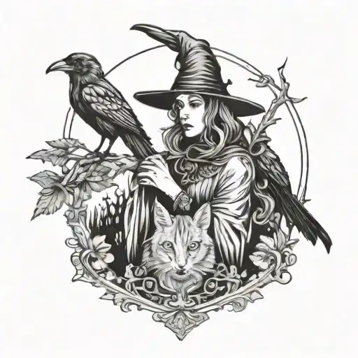 Witch With Cat And Raven