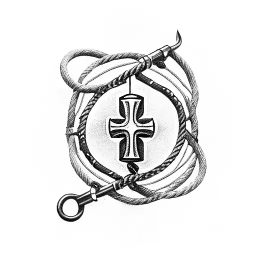 A Catholic-inspired Tattoo Featuring A Cross Intertwined With Fishing Hooks And Sailing Ropes