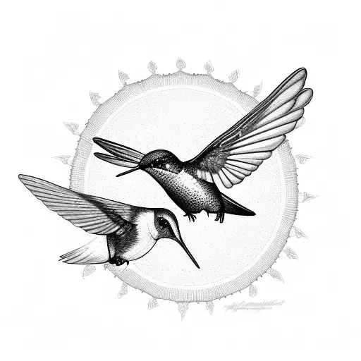 Hummingbird And Cardinal With A Pecan Tree And Mushrooms At The Bottom Of The Pecan Tree