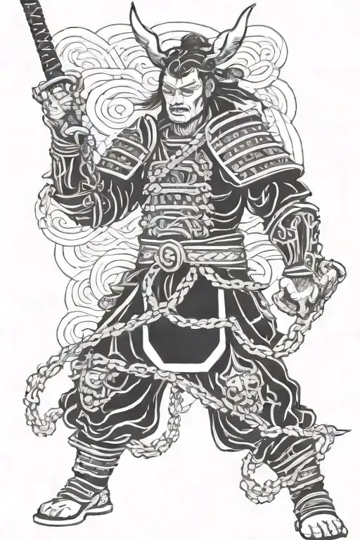 Samurai Warrior Holding The Chains Of Three Devil Dogs