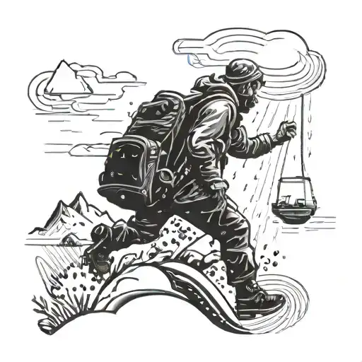 Man In The Rain Going Up Mountain With A Magical Bag