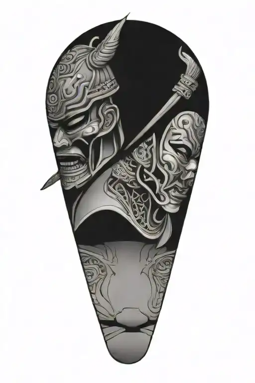 Samurai In Mask Holding Head Of His Enemy