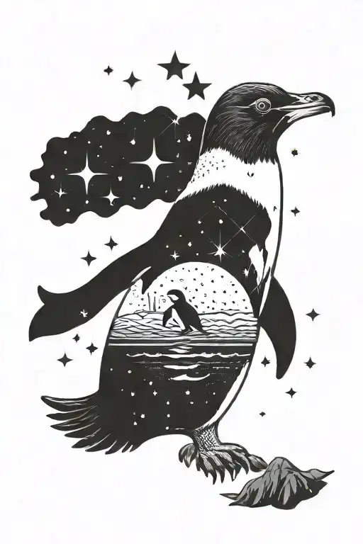 A Cosmic Scene With Planets And Shooting Stars Surrounding A Penguin