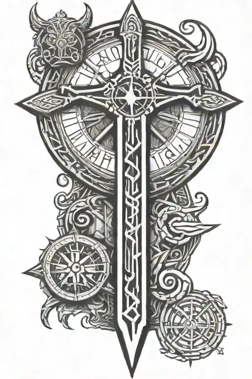 Viking Runes And Compass With Thor Hammer