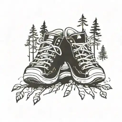 A Minimalist Tattoo Of A Pair Of Walking Shoes Surrounded By Forest Elements And Music Symbols