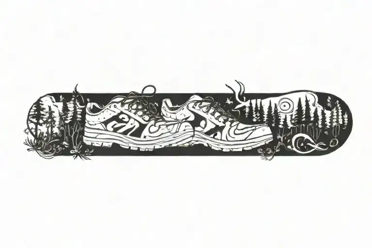 A Minimalist Tattoo Of A Pair Of Walking Shoes Surrounded By Forest Elements And Music Symbols