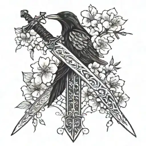 A Majestic Sword Intertwined With Blooming Raven And Cherry Blossom Trees