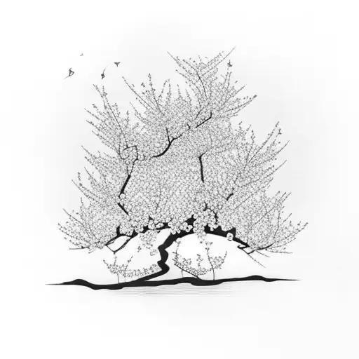 A Cherry Blossom Tree With A Silhouette Of Lola Sitting Beneath It