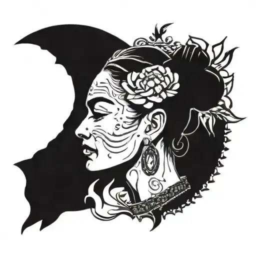 A Silhouette Of Frida Kahlo Meditating Under A Crescent Moon