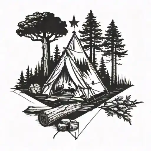 Minimalist Tent With Pine Tree Cross And A Campfire