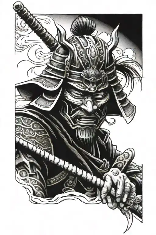 Samurai Warrior Battling Mask Surrounded