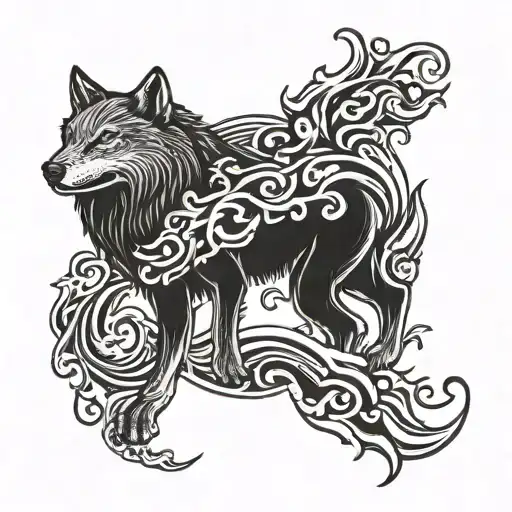 Christopher Family Crest With Waves Ying Yang And A Wolf