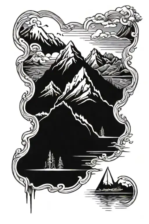 Twin Mountain Peaks With A Lake In Between Feeding A Snaking River