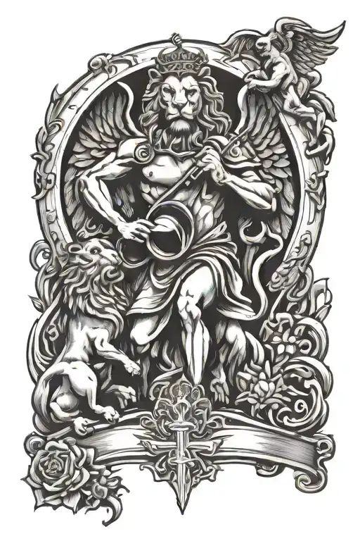 Lion And Cross And Angel Holding Trumpet